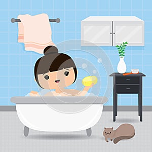 Quarantine, stay at home concept. Working from home, Woman take a shower in bathtub, Routine activity in the morning. Character Ca