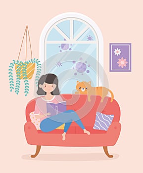 Quarantine stay at home, girl reading book sitting on sofa with cat cartoon