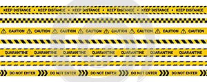 Quarantine tape, keep distance warning stripes. Caution tape in flat style.