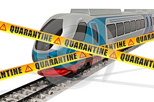 Quarantine, train cancellations due to coronavirus. Train with caution barrier tapes, 3D rendering