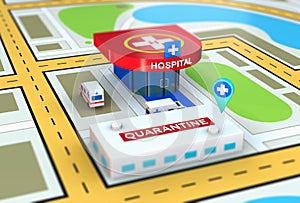 Quarantine waypoint, hospital, emergency ambulance car, heliport photo