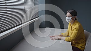 Quarantined scared woman with surgical mask