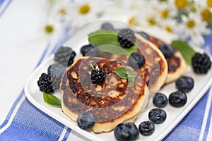 Quark cheese fried cakes with blueberry. Traditional Russian sweet syrniki.