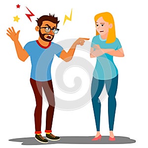 Quarrel Man And Woman Vector. Conflict. Disagreements. Quarreling People concept. Angry People. Shouting. Cartoon