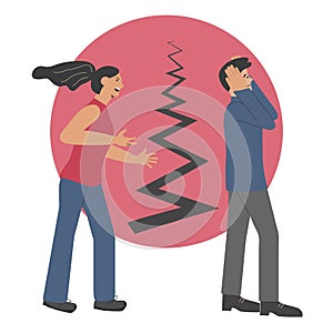 A quarrel between a man and a woman. The wife shouts at her husband. Split in the family. Vector illustration