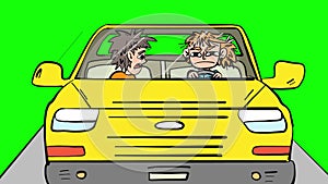 Quarrel in the moving car comic cartoon looped animation in a front view isolated on green screen