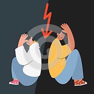 Quarrel and resentment in a couple. Sad girl and guy sitting with their backs to each other. Vector illustration