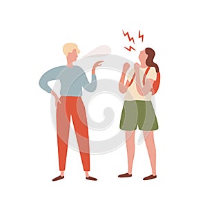 Quarrel between teenager girl and guy vector flat illustration. Young annoyed people insult each other, arguing and photo