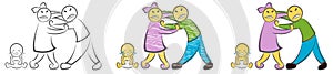 Quarreling Parents and crying baby. Hand drawn cartoon doodle vector illustration. Angry sad parents man woman characters quarrel