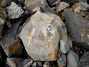 Quarried Rocks. Basalt containing crystals and Calcite