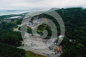 Quarry excavation and mountain in Florianopolis. Aerial view photo