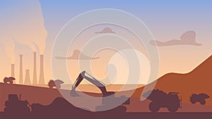 Quarry landscape. Quarry heavy vehicles. Mine production, stone quarrying process. Vector illustration. photo