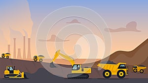 Quarry landscape. Quarry heavy vehicles. Mine production, stone quarrying process. Vector illustration. photo