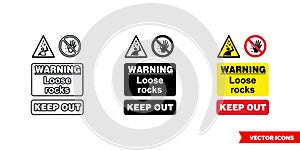 Quarry notice sign warning loose rocks keep out icon of 3 types color, black and white, outline. Isolated vector sign symbol