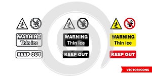 Quarry notice sign warning thin ice keep out icon of 3 types color, black and white, outline. Isolated vector sign symbol