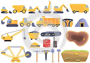 Quarry services icons set cartoon vector. Auto car