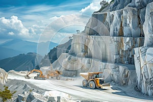 Quarrying of marble, bulldozer with heavy excavator a big truck