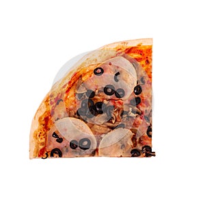 A quarter of pizza with ham, mozzarella, mushrooms and olives, isolated on white background, top view