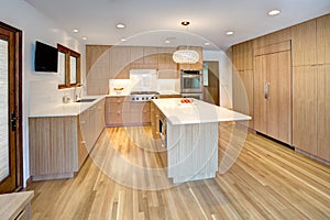 Quarter saw white oak residential kitchen cabinets.