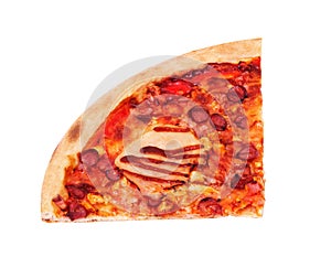 A quarter of tasty pizza BBQ with ham, bbq sauce, bacon and salami, isolated on white, angle view