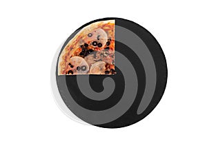 A quarter of tasty pizza with ham, mozzarella, mushrooms and olives on a black slate plate, isolated on white, top view