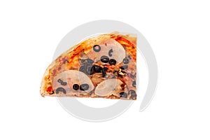 A quarter of tasty pizza with ham, mozzarella, mushrooms and olives, isolated on white, angle view