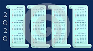 Quarterly calendar of 2020 on mint-colored parchments with space for logo, company name, website