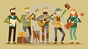 A quartet of musicians serenading a crowd with instruments crafted from reclaimed wood and recycled materials.. Vector photo