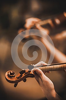 Quartet violin and cellos - closeup on hands - female hands