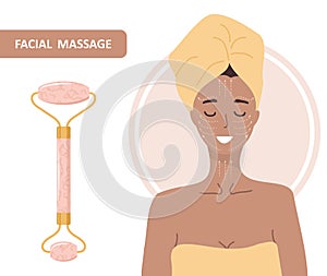 Quartz facial roller. Chinese gua sha massage. Woman portrait with lymphatic massage scheme. Chinese skin care concept