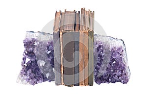 Quartz purple gemstone amethyst and vintage books