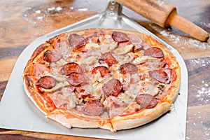 Quattro carni salami pizza meat the wood table oven peel paddle