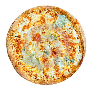 Quattro formaggi italian pizza with four sorts of cheese isolated on white background. Mozzarella, blue cheese, chedder, parmesan