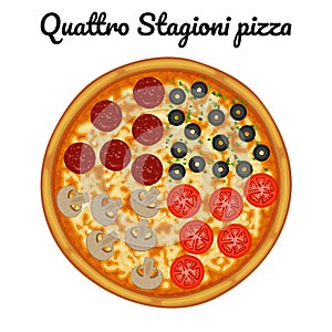 Quattro stagioni pizza with pepperoni, olives, mushrooms, tomato. photo