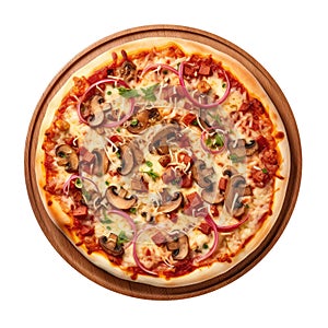 Quattro Stagioni Pizza On Round Wooden Board Plate On White Background Directly Above View