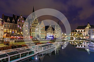 Quay Graslei in Ghent town at evening, Belgium