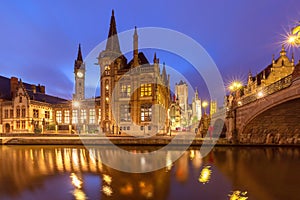 Quay Graslei in Ghent town at night, Belgium