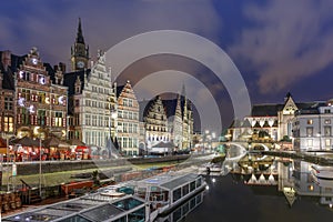 Quay Graslei in Ghent town at night, Belgium