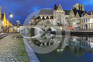 Quay Graslei and St Michael Bridge at night, Ghent