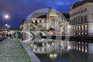 Quay Graslei and St Michael Bridge at night, Ghent