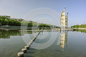 Quay of the river in the city of Dunhuang