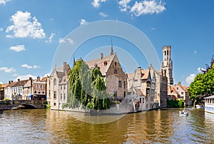 The Quay of the Rosary (Rozenhoedkaai) canal in Bruges with the classic medieval buildings.