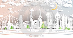 Quebec Canada City Skyline in Paper Cut Style with Snowflakes, Moon and Neon Garland