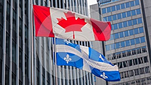 Quebec and Canada flags fluttering in the wind together in the downtown of Montreal.