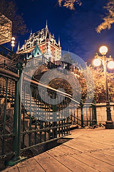 Quebec City Canada night seen with historic Chateau Frontenac