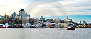 Quebec City Old Town panoramic view in autumn. Saint Lawrence River. Quebec, Canada.