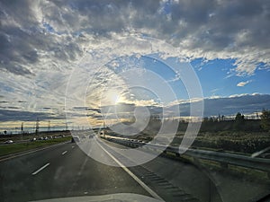 Quebec cloudy sunset view from the road