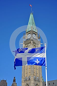 Quebec Flag flying in front of Peace Tower, Ottawa