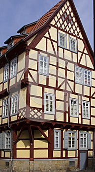 Quedlinburg, Germany, July 2022 : Upper old town area with checkered houses, historic district of the city