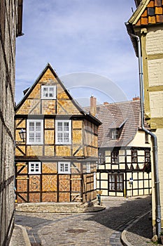 Quedlinburg, Germany, July 2022 : Upper old town area with checkered houses, historic district of the city